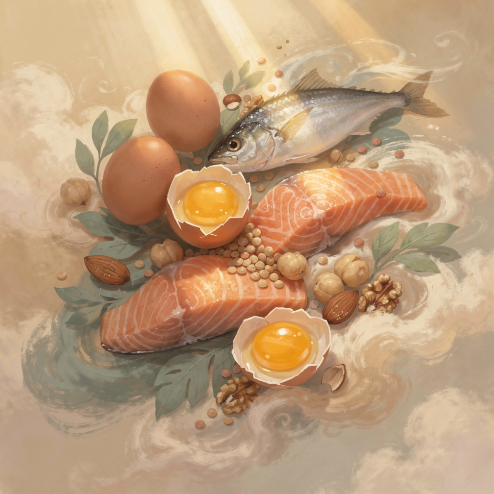 Продукты богатые белком на деревянном столе