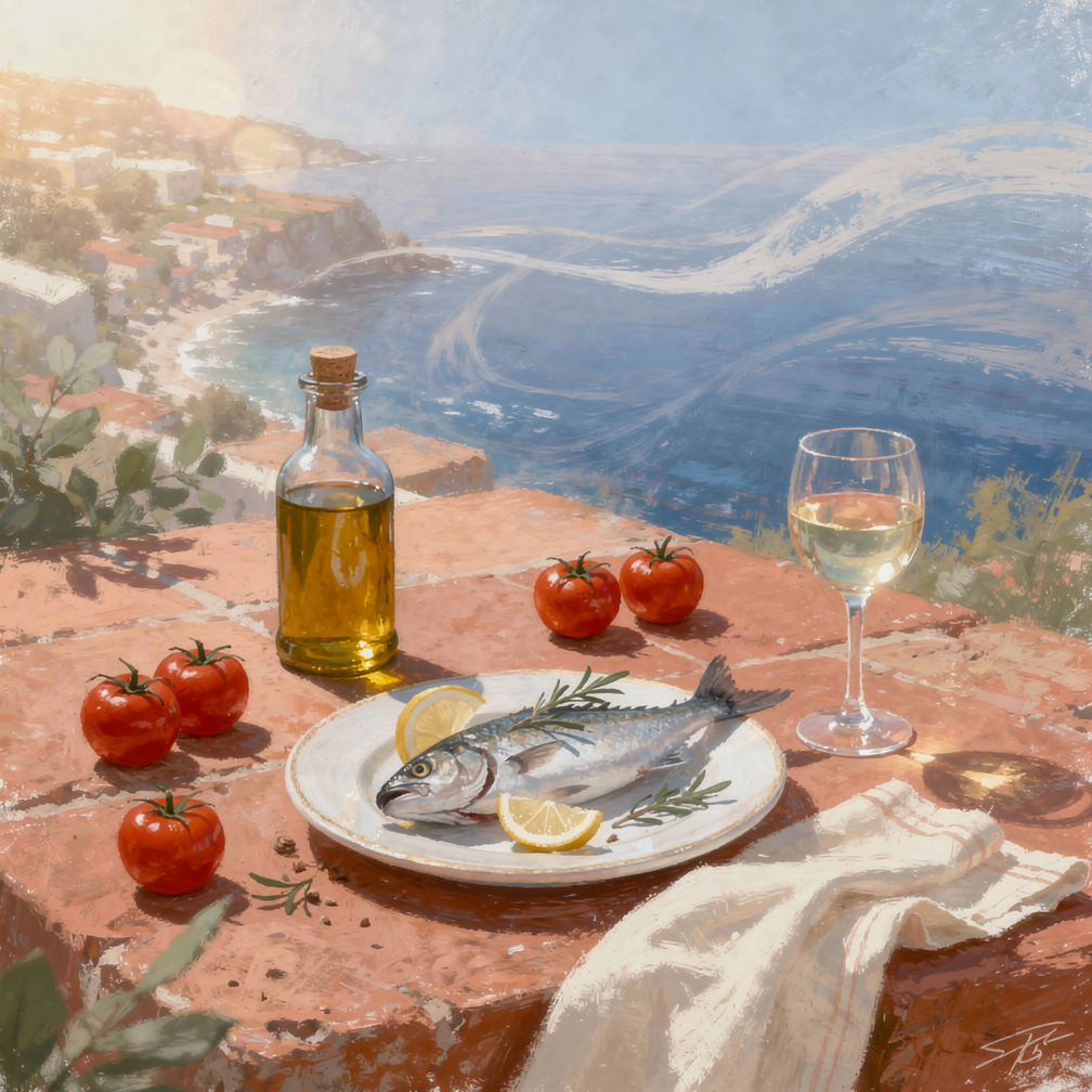 Средиземноморские продукты: оливковое масло, рыба, свежие овощи и зелень на деревянном столе