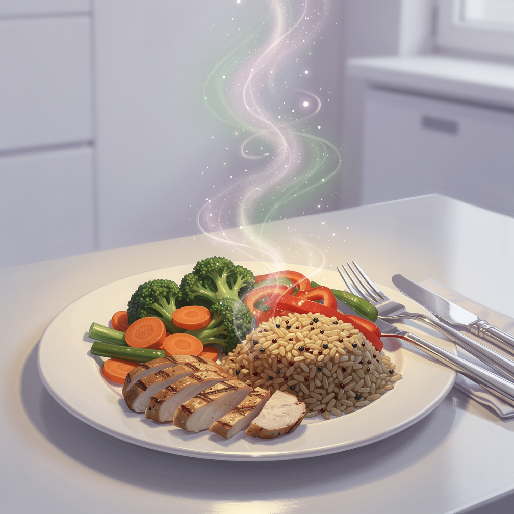 Тарелка с высокобелковой едой рядом с таблетками на белом фоне