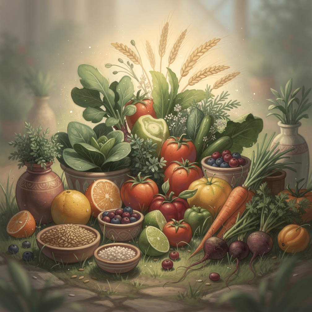 Корзина со свежими цельными продуктами: овощи, фрукты и злаки на деревянном столе