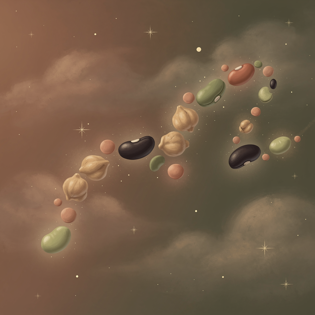 Ассорти из бобовых — чечевица, нут, фасоль и эдамаме на деревянном столе