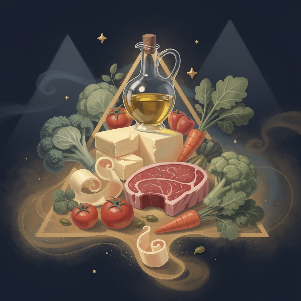 Разнообразные натуральные продукты: овощи, мясо, оливковое масло и цельнозерновые